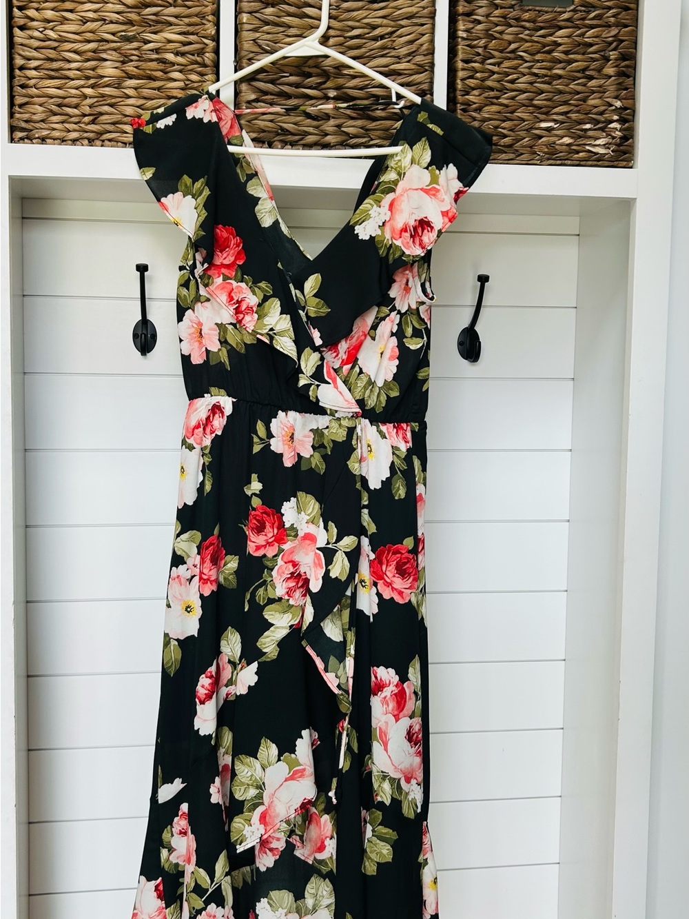 Socialite Black Floral Wrap Dress with Pink & Green Roses